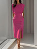 GENEVIEVE | PADDED SHOULDER BUTTON DETAIL MIDI DRESS WITH SLIT