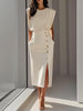 GENEVIEVE | PADDED SHOULDER BUTTON DETAIL MIDI DRESS WITH SLIT