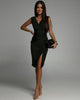 LORETTA | SLEEVELESS V-NECK RUCHED MIDI DRESS WITH SLIT
