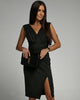 LORETTA | SLEEVELESS V-NECK RUCHED MIDI DRESS WITH SLIT
