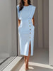 GENEVIEVE | PADDED SHOULDER BUTTON DETAIL MIDI DRESS WITH SLIT