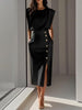 GENEVIEVE | PADDED SHOULDER BUTTON DETAIL MIDI DRESS WITH SLIT