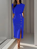 GENEVIEVE | PADDED SHOULDER BUTTON DETAIL MIDI DRESS WITH SLIT