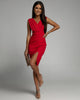LORETTA | SLEEVELESS V-NECK RUCHED MIDI DRESS WITH SLIT