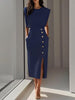GENEVIEVE | PADDED SHOULDER BUTTON DETAIL MIDI DRESS WITH SLIT